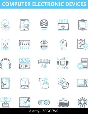 Computer electronic devices vector line icons set. Laptop, Desktop, Monitor, Printer, Keyboard, Mouse, Router illustration outline concept symbols and Stock Vector