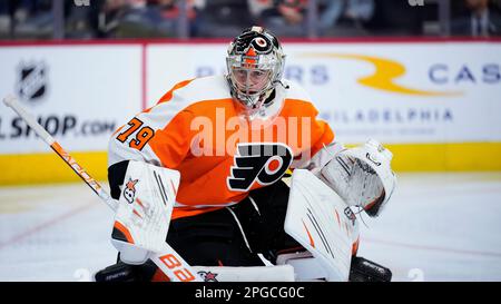 Philadelphia Flyers' Carter Hart stretches before an NHL hockey game  against the Buffalo Sabres, Tuesday, March 9, 2021, in Philadelphia. (AP  Photo/Matt Slocum Stock Photo - Alamy