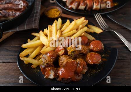 Curry Sausage or currywurst with french fries. Traditional german fast food meal. Homemade cooked Stock Photo