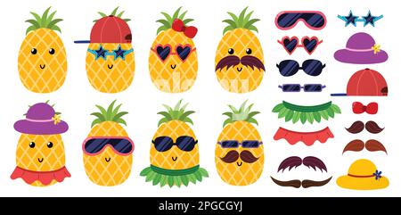 Cute pineapples set in sunglasses. Pineapple dress up activity for kids with summer accessories Stock Vector