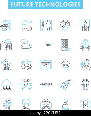 Future technologies vector line icons set. AI, Robotics, BigData, Blockchain, Cybersecurity, Quantum, Augmented illustration outline concept symbols Stock Vector