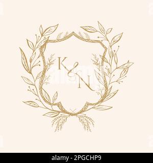 KN Initial Wedding Monogram Logo Crest, Wedding Logo Design, Custom Wreath Wedding Monogram, Crest Initial Wedding Logo Stock Vector