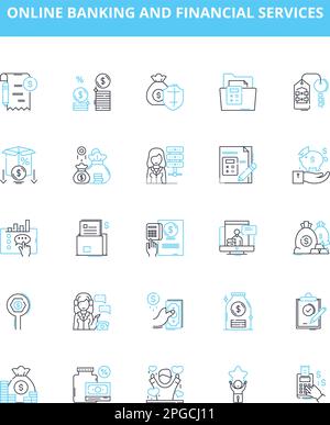 Online banking and financial services vector line icons set. Banking, Online, Financial, Services, Transaction, Payment, Deposit illustration outline Stock Vector