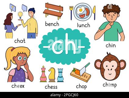 Ch digraph spelling rule educational poster for kids with words Stock Vector