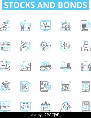 Stocks and bonds vector line icons set. Stocks, Bonds, Equities, Fixed income, Securities, Stock market, Bond market illustration outline concept Stock Vector