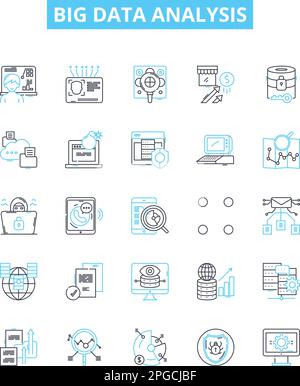 Big data analysis vector line icons set. Analytics, Mining, Storage, Patterns, Visualization, Machine-learning, Clustering illustration outline Stock Vector