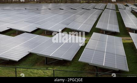 Large field with solar panels on the ground for alternative energy. Stock Photo