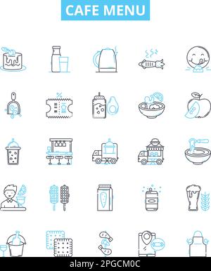 Cafe menu vector line icons set. Coffees, Desserts, Sandwiches, Drinks, Food, Salads, Sides illustration outline concept symbols and signs Stock Vector