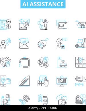Ai assistance vector line icons set. AI, Assistance, Automation, Virtual, Voice, Assistants, Machine illustration outline concept symbols and signs Stock Vector