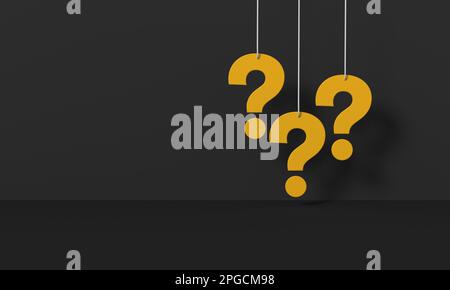 Yellow question mark at black Wall Background. FAQ Concept - 3D rendering. Stock Photo