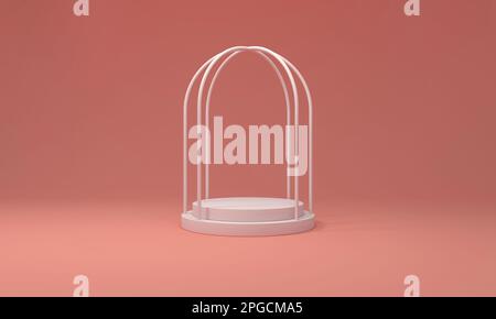 Cage with podium for display products on pastel pink background. 3d rendering. Stock Photo