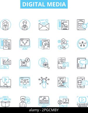 Digital media vector line icons set. Digital, Media, Technology, Advertising, Social, Platforms, Online illustration outline concept symbols and signs Stock Vector