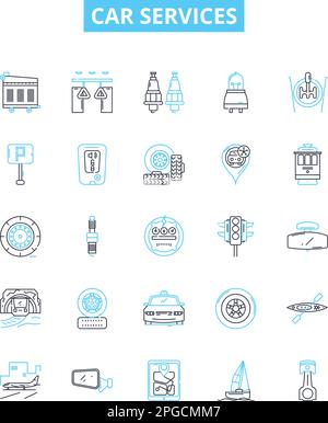 Car services vector line icons set. Car, services, repair, maintenance, oil, change, brakes illustration outline concept symbols and signs Stock Vector