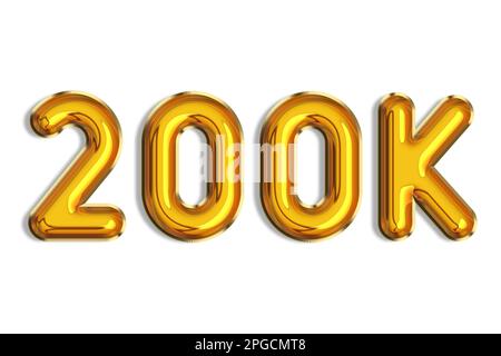 200 or two hundred. Banner, realistic 3d gold helium balloons, logo. Numbers isolated on white. Lettering. Graphic font, shiny text. Illustration for Stock Photo