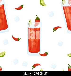 Seamless pattern with Mexican cocktail Vampiro on white background with ice cube, chili peppers and lime slices. Vector illustration. Pattern with lat Stock Vector