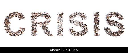 Concept or conceptual large community of people forming the word CRISIS. 3d illustration metaphor for declining economic activity, financial crisis Stock Photo