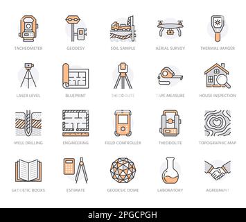 Geodesy flat line icons. Geodetic survey engineering equipment, tacheometer, theodolite, tripod. Geological research vector illustration. Construction Stock Vector