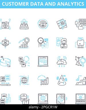 Customer data and analytics vector line icons set. customer, data, analytics, insights, profiling, segmentation, retention illustration outline Stock Vector