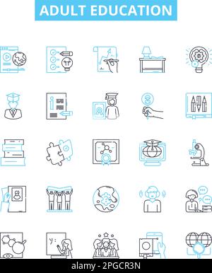 Adult education vector line icons set. Adult, Education, Learning, Instruction, Training, Literacy, Courses illustration outline concept symbols and Stock Vector