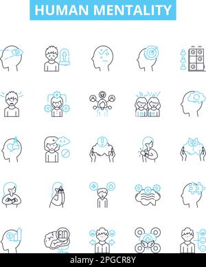 Human mentality vector line icons set. Mindset, Attitude, Perception, Cognition, Reasoning, Thought, Psychology illustration outline concept symbols Stock Vector