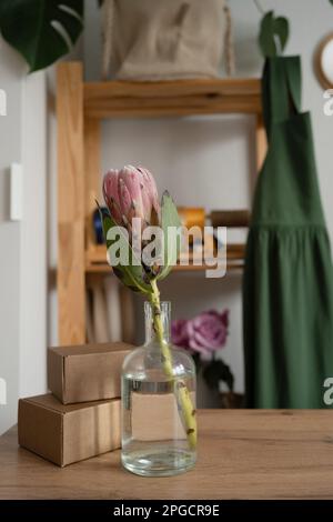 Glass vase with water and pink Protea flower placed on wooden table near cardboard boxes in light workshop Stock Photo