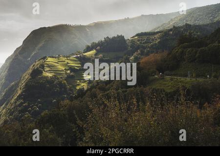 Drone view of green mountain range covered with trees on cloudy day during sunshine and rain in Azores Stock Photo