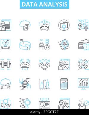 Data analysis vector line icons set. Analytics, Mining, Exploration, Modeling, Visualization, Inference, Statistics illustration outline concept Stock Vector