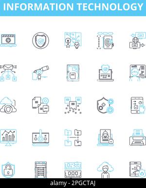 Information technology vector line icons set. IT, Computers, Software, Networking, Data, Security, Automation illustration outline concept symbols and Stock Vector