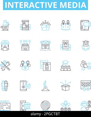 Interactive media vector line icons set. Interactive, Media, Online, Games, Multimedia, Animation, VR illustration outline concept symbols and signs Stock Vector