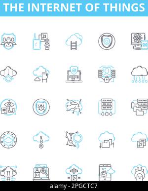 the Internet of Things vector line icons set. IoT, Smart, Connected, Automation, Wearables, AI, Sensors illustration outline concept symbols and signs Stock Vector