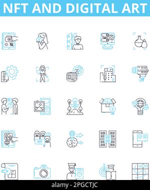 NFT and digital art vector line icons set. NFT, Digital, Art, Cryptocurrency, Blockchain, Digitalized, Marketplace illustration outline concept Stock Vector
