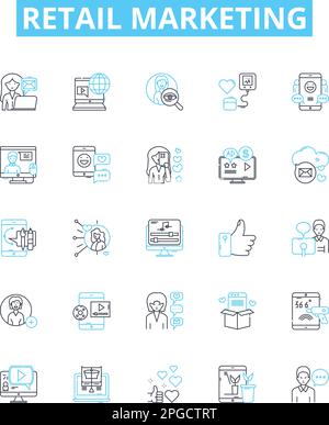 Retail marketing vector line icons set. Retailing, Merchandising, Advertising, Promoting, Selling, Branding, Targeting illustration outline concept Stock Vector