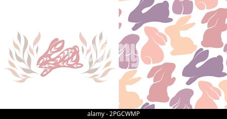 Set of vector seamless Easter pattern and card with silhouette rabbits. Nursery texture and illustration with folk art bunnies in pastel colors. Stock Vector