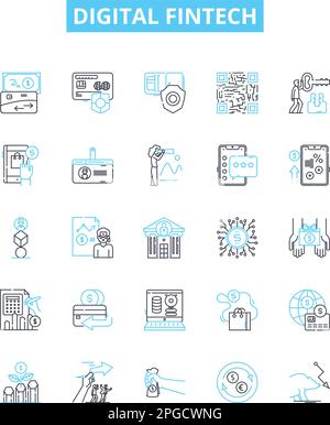 Digital fintech vector line icons set. Fintech, Digital, Payments, Blockchain, Crypto, Banking, Investment illustration outline concept symbols and Stock Vector