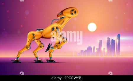 Robot animal going in desert. Post apocalyptic futuristic landscape of city silhouette on horizon. Sci-fi apocalypse nature. Robotic mechanical cyborg Stock Vector