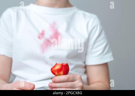 A dirty red stain on the front of a white t-shirt. A child's hand is holding a slice of strawberry. Stock Photo