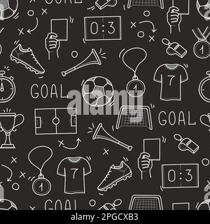 Soccer doodle seamless pattern. Football goal, award cup, whistle hand drawn line doodle sketch style equipment icon. Vector illustration Stock Vector