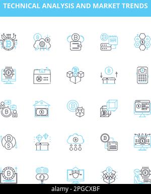 Technical analysis and market trends vector line icons set. Technical analysis, Market trends, Candlestick, Chart patterns, Moving average, Relative Stock Vector