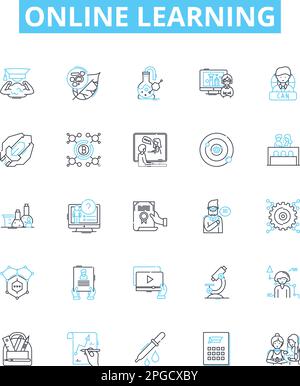 Online learning vector line icons set. eLearning, virtual, remote, digital, online, courses, tutoring illustration outline concept symbols and signs Stock Vector