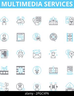 multimedia services vector line icons set. Multimedia, Services, Audio, Video, Animation, Messaging, Streaming illustration outline concept symbols Stock Vector