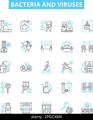 Bacteria and viruses vector line icons set. Bacteria, Viruses, Microbes, Pathogens, Antibiotic, Antimicrobial, Antiviral illustration outline concept Stock Vector