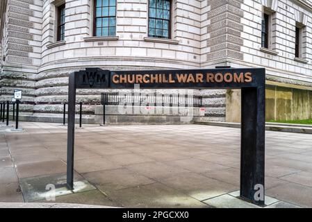 London, UK - 4 January 2023: The sign and entrance to the Churchill War Rooms, part of the Imperial War Museum in London. This top secret underground Stock Photo