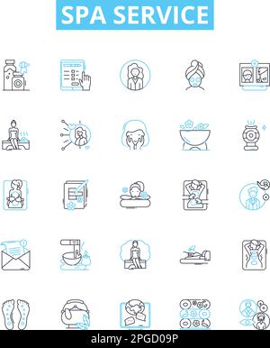Spa service vector line icons set. Spa, Massage, Facial, Manicure, Pedicure, Sauna, Jacuzzi illustration outline concept symbols and signs Stock Vector