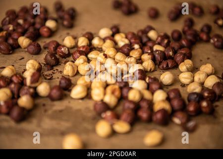 Roasted hazelnut on a baking sheet Stock Photo
