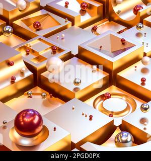 3d render geometric background in metallic gold tone with cubes and spheres Stock Photo