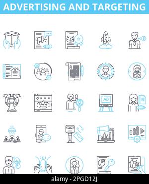 Advertising and targeting vector line icons set. Advertising, Targeting, Promotion, Campaign, Market, Demographics, Reaching illustration outline Stock Vector