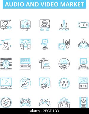 audio and video market vector line icons set. Audio, Video, Market, Multimedia, Sound, Streaming, Digital illustration outline concept symbols and Stock Vector