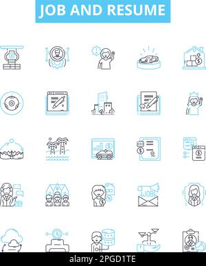 Job and resume vector line icons set. Job, Resume, Employment, Hiring, Interview, Career, Application illustration outline concept symbols and signs Stock Vector