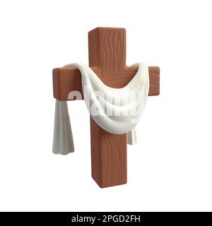 3d icon Wooden Cross with white cloth textile, symbol of the resurrection of Jesus Christ. He is risen. Easter resurrection illustration. Scripture Stock Photo