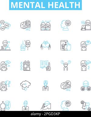 Mental health vector line icons set. Mental, health, psychological, wellbeing, stress, anxiety, depression illustration outline concept symbols and Stock Vector